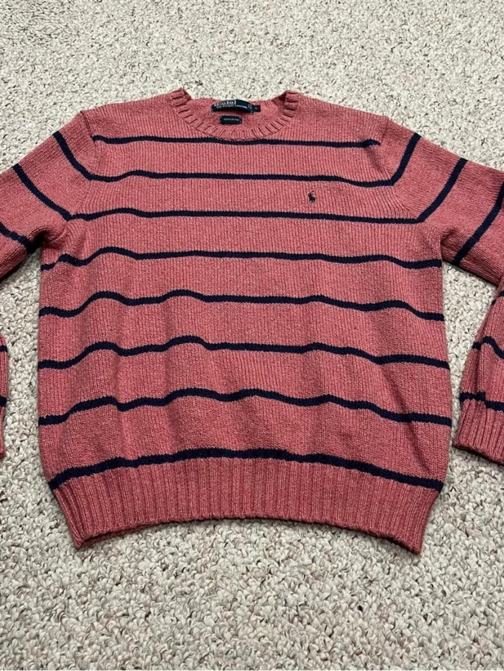 Ralph Lauren Coral with Navy Stripe Crewneck Sweater